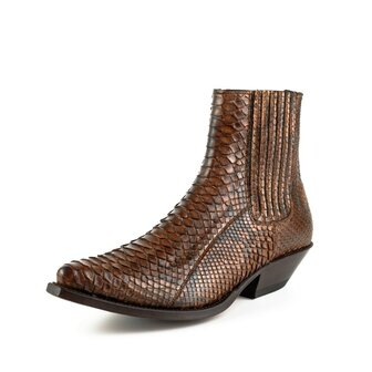 Mayura Boots 2575 Cognac Brown Python Pointed Western Men&#039;s Ankle Boot Wedge Heel Elastic Closure Overview