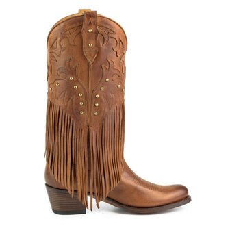 Mayura Boots 2475 Cognac Dames Boho Franjes Western Laarzen Sierstiksel Ronde Neus Schuine Hak Glanzend Leer Zijaanzicht