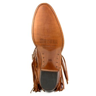 Mayura Boots 2475 Cognac Dames Boho Franjes Western Laarzen Sierstiksel Ronde Neus Schuine Hak Glanzend Leer Zool