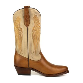 Mayura Boots WINGS 2666 Cognac Bruin Offwhite Creme Dames Western Laarzen Vleugels Sierstiksel Spitse Neus Schuine Hak Mat En S