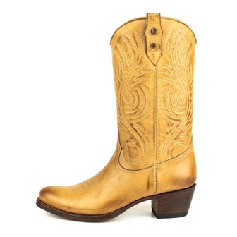 Mayura Boots 2526 Vanille Zandkleur Dames Boho Western Laarzen Blad Motief Sierstiksel Ronde Neus Schuine Hak Glad Leer 