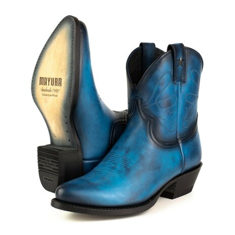 Mayura Boots 2374 Vintage Blauw/ Dames Cowboy fashion Enkellaars Spitse Neus Western Hak Echt Leer