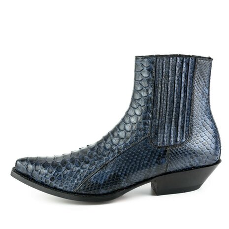 Mayura Boots 2575 Marine Blauw Python Spitse Western Heren Enkellaars Schuine Hak Elastiek Sluiting  Zij Aanzicht