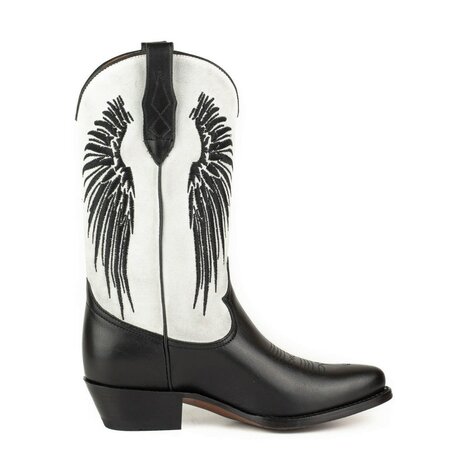 Mayura Boots WINGS 2666 Black White  Women's Western Boots Ornamental Stitching Pointed Nose Sloping Heel Smooth And Sue