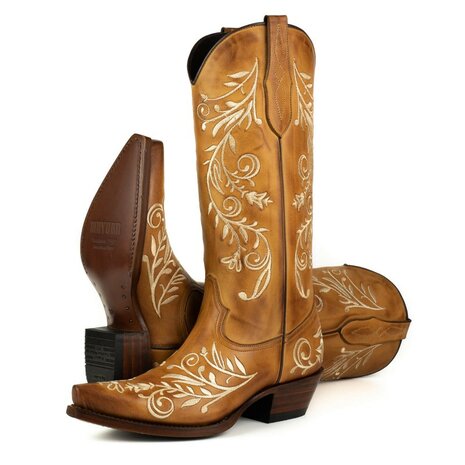 Mayura Boots 2669 Cognac/ Spitse Cowboy Western Line Dance Dames  Creme Geborduurd Laarzen Schuine Hak Echt Leer Borduren Paar