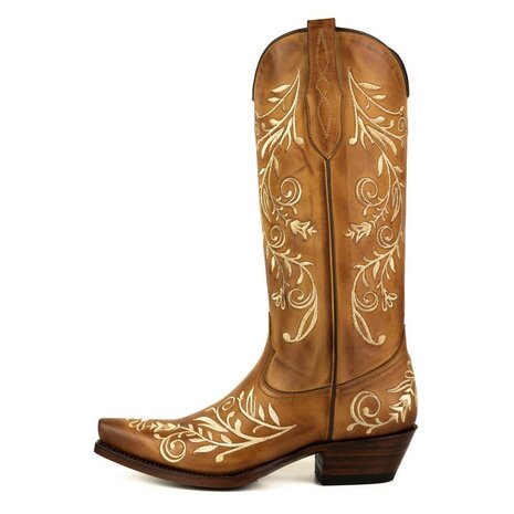 Mayura Boots 2669 Cognac/ Spitse Cowboy Western Line Dance Dames  Creme Geborduurd Laarzen Schuine Hak Echt Leer Borduren Zijaa