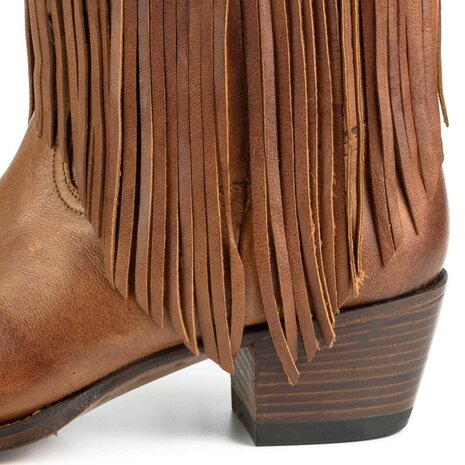 Mayura Boots 2475 Cognac Dames Boho Franjes Western Laarzen Sierstiksel Ronde Neus Schuine Hak Glanzend Leer Detail Hak