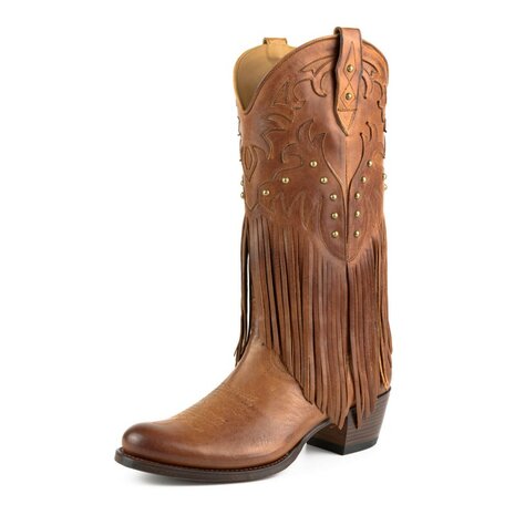 Mayura Boots 2475 Cognac Dames Boho Franjes Western Laarzen Sierstiksel Ronde Neus Schuine Hak Glanzend Leer 