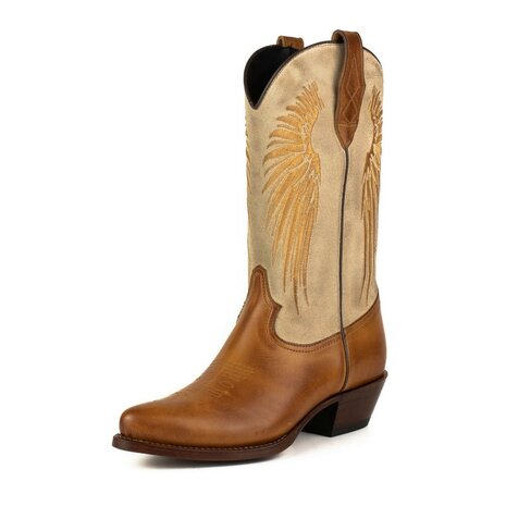 Mayura Boots WINGS 2666 Cognac Bruin Offwhite Creme Dames Western Laarzen Vleugels Sierstiksel Spitse Neus Schuine Hak Mat En S