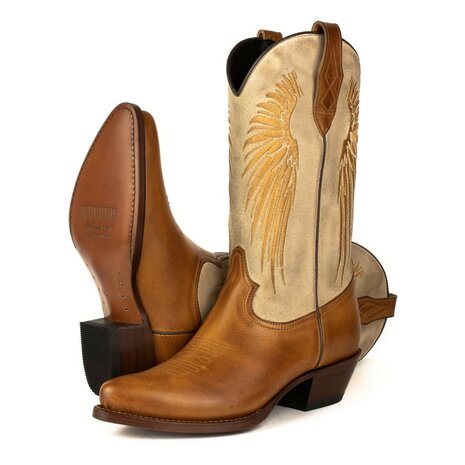 Mayura Boots WINGS 2666 Cognac Bruin Offwhite Creme Dames Western Laarzen Vleugels Sierstiksel Spitse Neus Schuine Hak Mat En S