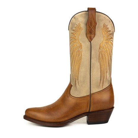 Mayura Boots WINGS 2666 Cognac Bruin Offwhite Creme Dames Western Laarzen Vleugels Sierstiksel Spitse Neus Schuine Hak Mat En S