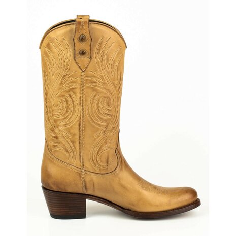 Mayura Boots 2526 Vanille Zandkleur Dames Boho Western Laarzen Blad Motief Sierstiksel Ronde Neus Schuine Hak Glad Leer 