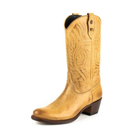 Mayura Boots 2526 Vanille Zandkleur Dames Boho Western Laarzen Blad Motief Sierstiksel Ronde Neus Schuine Hak Glad Leer 