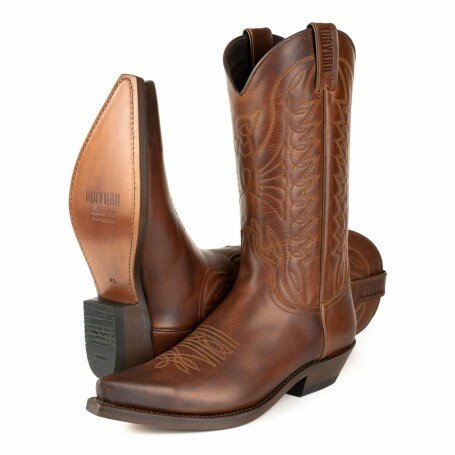 Mayura Boots 1920 Brown Pointed Cowboy Western Line Dance Ladies Men Boots Slanted Heel Genuine Leather Pair